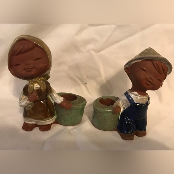 Vintage UCTCI Japan Stoneware Pottery Candle Holders - Boy & Girl Farmers - Picture 1 of 8